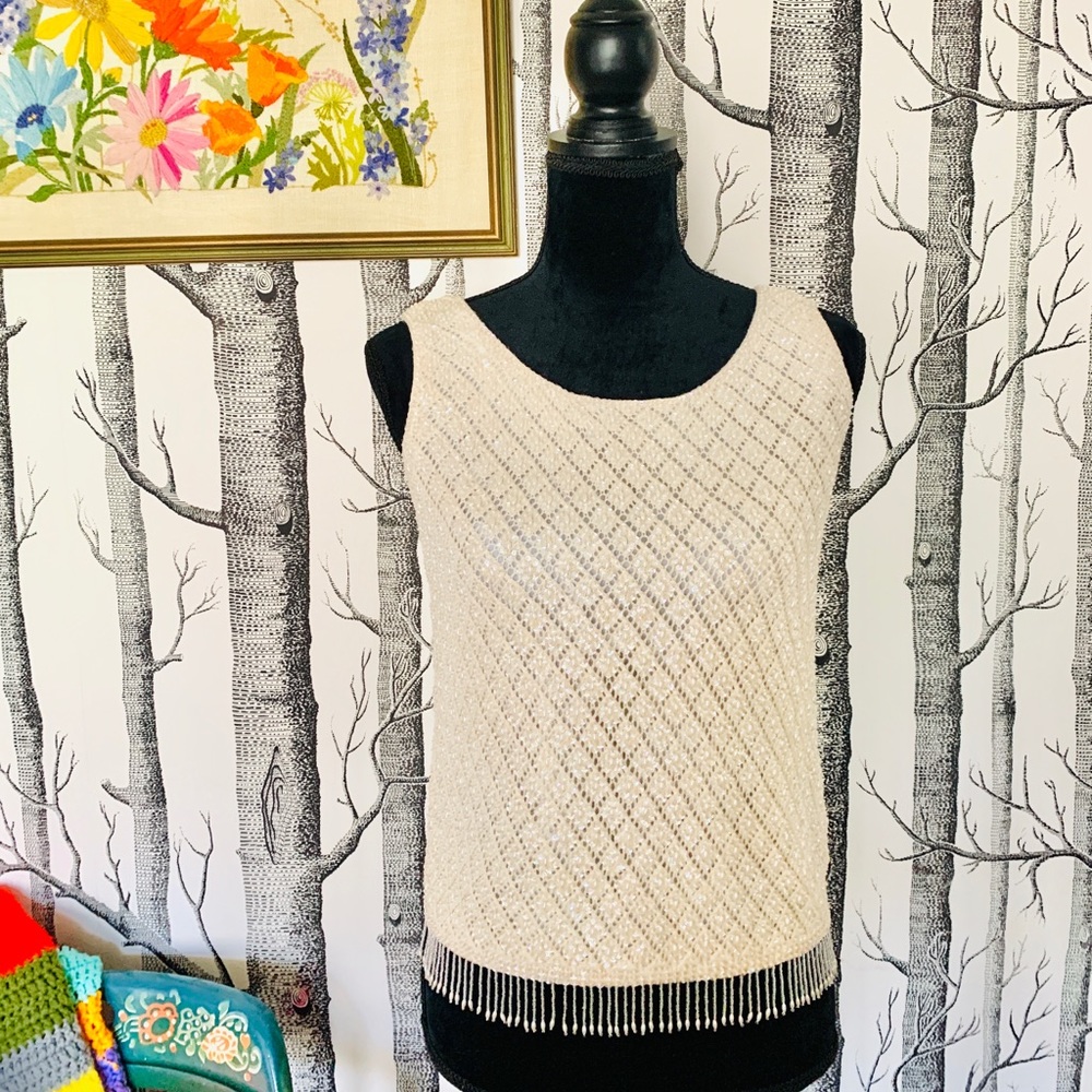 Vintage Cream Beaded Sequin Fringe Tank Top